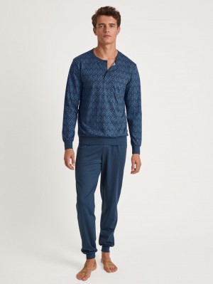 Coronet Blue Calida Relax Imprint 2 Pyjama With Cuff Men Sleepwear | HUEIG-4265